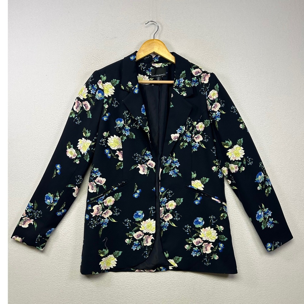 Dark Floral Cynthia Rowley Womens Size Medium Navy Blue Open Front Blazer Office